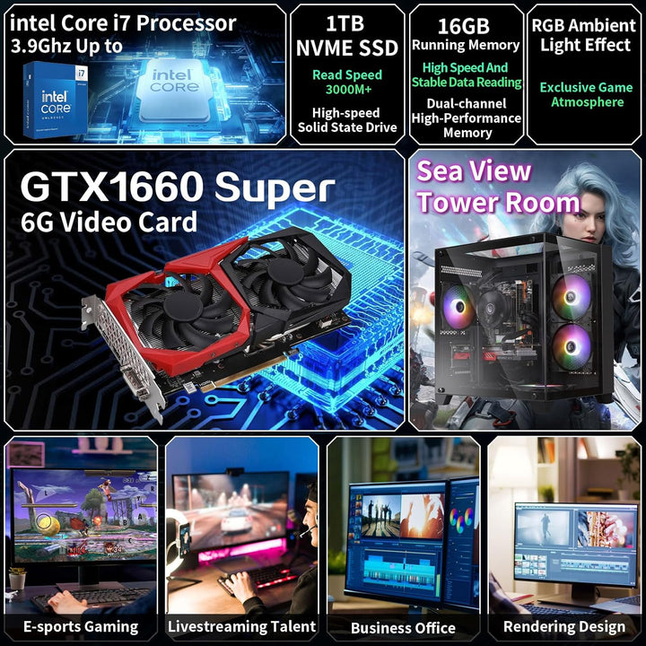 Gaming PC Desktop Computer,Intel Core i7 Desktop,Operating at A Frequency of 3.4GHz,GTX1660Super Graphics Card with 6GB GDDR6 Video Memory,16GB RAM, 1TB NVME SSD,WiFi 5.0,RGB Fan x4,Black